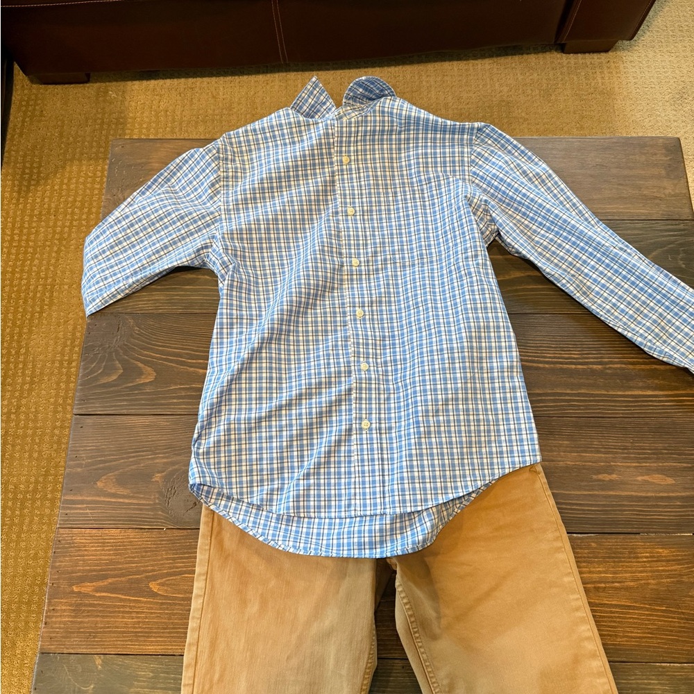 Cat & Jack Light Blue Plaid Men's Shirt and khaki pants